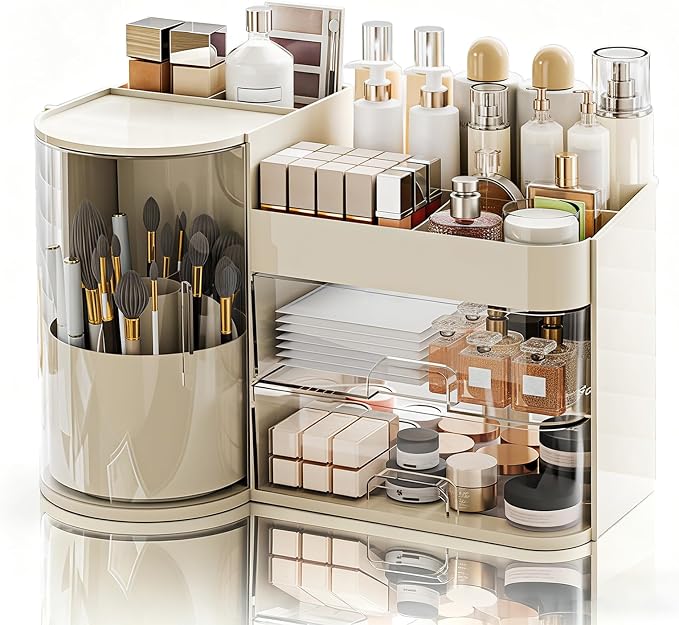 Makeup Organizer,Rotating Cosmetic Storage Organizer with Drawers,Large Capacity Makeup Brush Holder,Skincare Vanity Organizer for Bathroom Countertop,Cream.