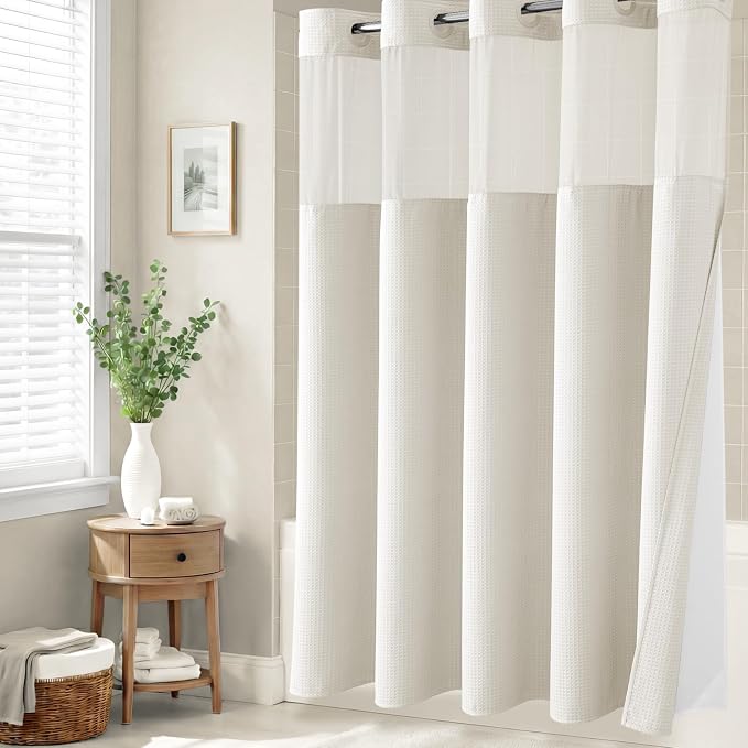 Ivory Hook Free Waffle Shower Curtain & Snap-in Fabric Liner,72x75 | Less Time to install, 3 in 1 Fabric Shower Curtain and Liner Set with Magnets, Mesh Top Window, Shower Curtains for Bathroom