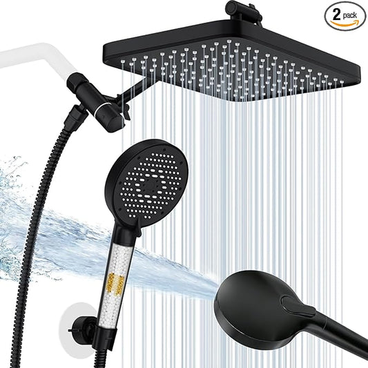 12 Inch Wide Rain Shower Head with Filtered Handheld Combo, High Pressure Rainfall Shower Head, 9 Spray Modes Handheld with 9-Inch Extension Arm, Comes with Filter Removes Chlorine(Black)