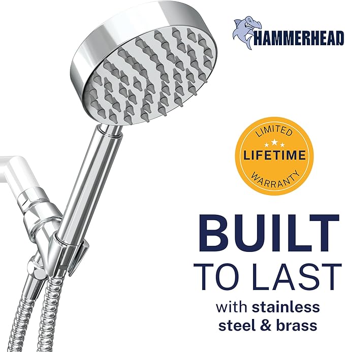 HammerHead Showers® Solid Metal Handheld Shower Head with Hose and Brass Holder - CHROME - 2.5 GPM High Pressure Shower Heads with Adjustable Shower Wand Bracket - 6ft Flexible Extension