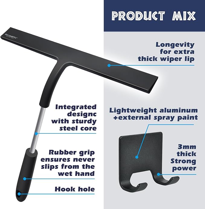 12 Inch Silicone Shower Squeegee for Glass Doors with Microfiber Cloth & Hook, Streak-Free Window Cleaner for Bathroom Mirror Tile Car, No-Scratch Squeegee with Rustproof Metal Core (Black)