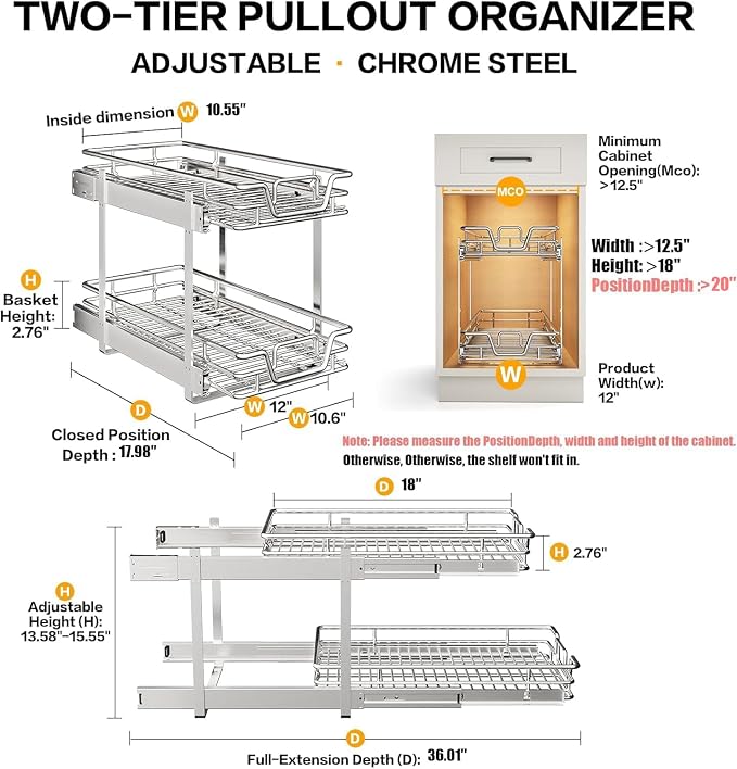 2-Tier Kitchen Cabinet,Pull Out Cabinet Organizer,Shelf and Drawer Organizer Slide Out Pantry Storaqe Basket in Multiple Sizes (12" W x21 D)