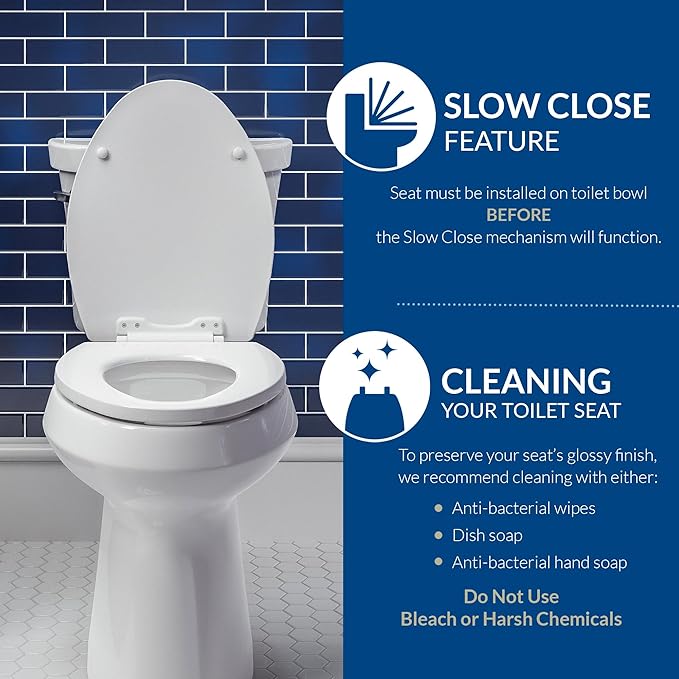 Mayfair Preston Easy to Clean Single Hinge Toilet Seat, Modern Slow Close Plastic Toilet Seat, Made in USA, Round, White