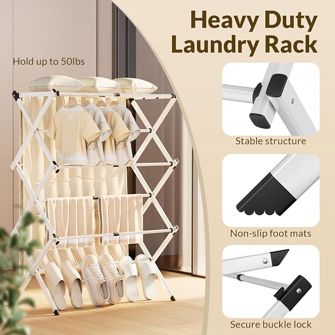 Clothes Drying Rack Collapsible,Heavy Duty Foldable Laundry Rack for Drying Clothing,3-Tier Space Saving Drying Rack Clothing for Indoor Outdoor Bathroom Apartment