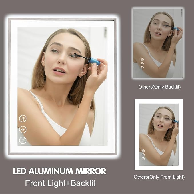 28x36 Inch Silver Frame LED Mirror for Bathroom | Silver Metal Frame, Front and Backlit, 3 Colors, Dimmable, Memory, Anti Fog, Tempered Glass, Lighted Mirror for Wall