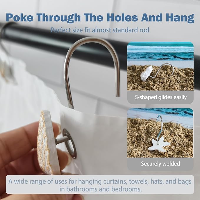 Seashell Shower Curtain Hooks 12pcs Beach Shower Curtain Rings Bath Shower Hooks Rust Proof Curtain Hangers Coastal Bathroom Accessories Decors