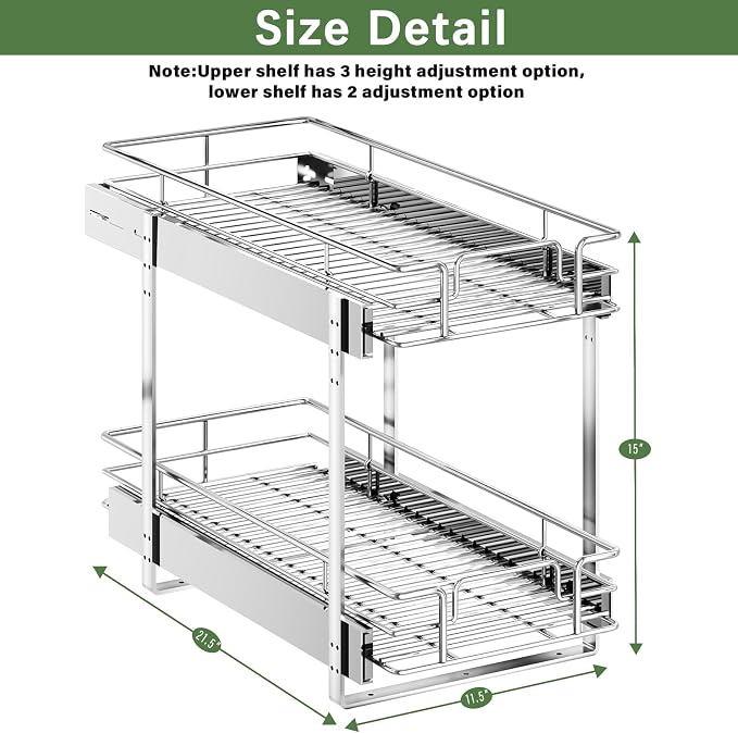 LOVMOR 2 Tier Individual Pull Out Cabinet Organizer 11½" W x 21½" D, Slide Out Kitchen Cabinet Storage Sliding Shelves