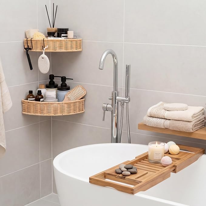 GRANNY SAYS Wicker Corner Shower Caddy Adhesive, Shower Organization | Shower Shelf for Inside Showers, Adhesive Shelves for Bathroom Organizers and Storage, Bathroom Shelf Wall Mounted for Decor