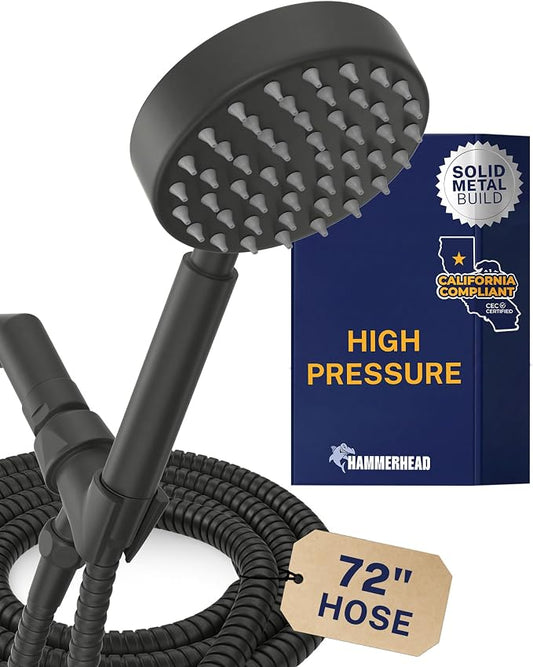 HammerHead Showers® Solid Metal LOW FLOW Handheld Shower Head with Hose and Brass Holder - MATTE BLACK – Water Saving 1.75 GPM Detachable Shower Head - Adjustable Shower Wand Bracket & 6ft Hose