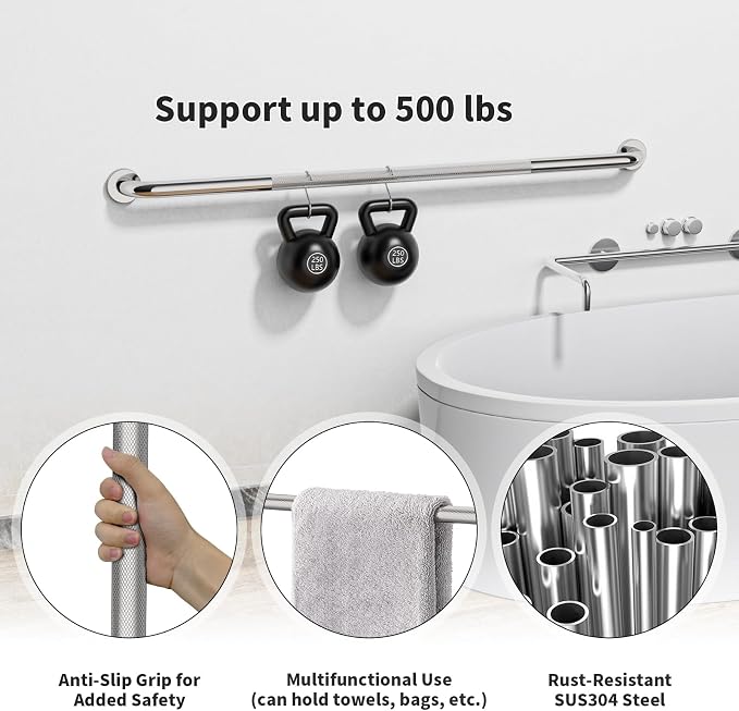 ZUEXT 2 Pack 48 Inch Extra Long Polished Chrome Anti Slip Shower Grab Bar | Stainless Steel Bathroom Safety Assist Handle, Heavy Duty Wall Mounted, Balance Support Rail for Seniors Handicap, 1.25" Dia