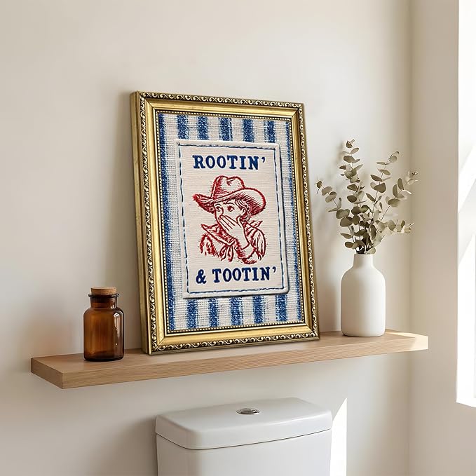Funny Cowgirl Bathroom Wall Art Cute Western Cowboy Wall Decor Picture Vintage Rustic Rootin And Tootin Striped Restroom Poster Canvas Painting Print 12x16 inch Gold Framed