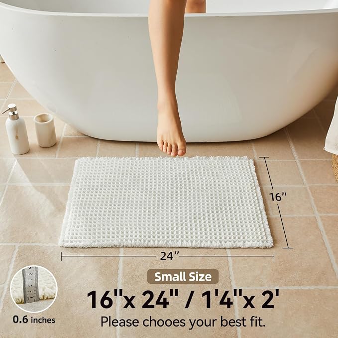Triohero Waffle Bath Mat, Small Boho Bathroom Rugs Non Slip Washable, Ultra Soft Super Absorbent Quick Dry Farmhouse Bathroom Decor, 16" x 24", Cream White