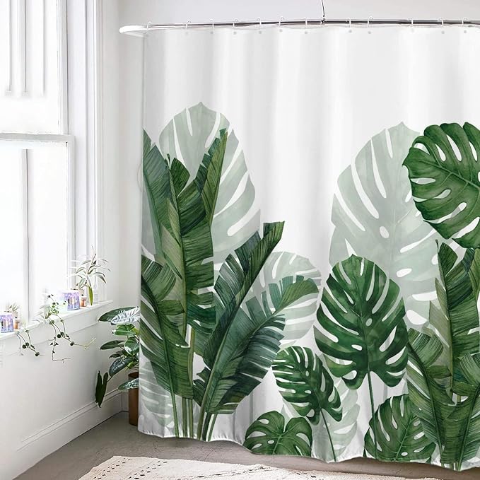 Baccessor Extra Long Tropical Green Leaf Shower Curtain Waterproof Washable Fabric Summer Botanical Banana Monstera Leaf Palm Tree Bathroom Shower Curtain with Hooks Weighted 72 W x 84 L Inch