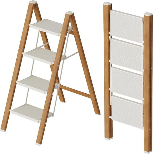 Mayi Plus 4 Step Stool Foldable, Aluminum, Lightweight Step Ladder | Extra-wide anti-slip folding steps with 330 lbs, for home,kitchen,office,outdoor,White & Woodgrain.