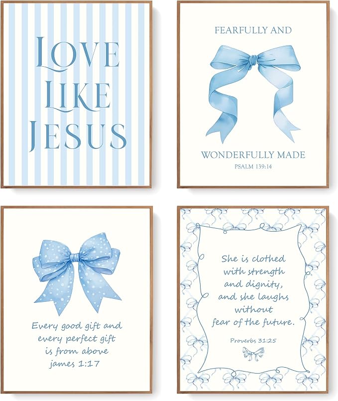 LARTSFRO Coquette Blue Bow Jesus Wall Art Decor Posters, Light Blue Bow Christian Room Bathroom Bedroom Dorm Wall Art Decor Aesthetic for College Teen Girls Gifts, Inspirational Bible Verses Bow Wall Decor, 10x8 Inch Set of 4 Bow Pictures(UNFRAMED)