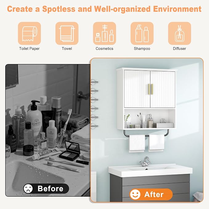 Wall Mounted Medicine Cabinet with Towel Bar & Adjustable Storage Shelf | White Space Saving Wood Bathroom Wall Cabinet 2 Doors for Laundry, Kitchen, Living Room