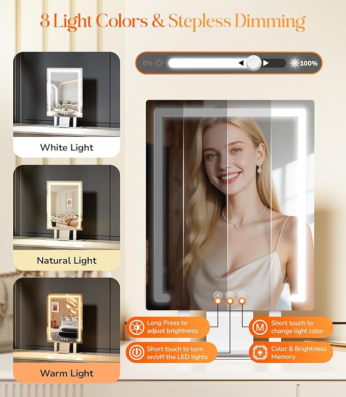 Gospire Hollywood Lighted Makeup Mirror, 4000mAh Rechargeable, 11”x16.8” | Vanity Mirror with Magnification 5X/10X, 3 Color Dimmable Lights, Touch Control, Phone Holder, LED Desktop Mirror for Bedroom