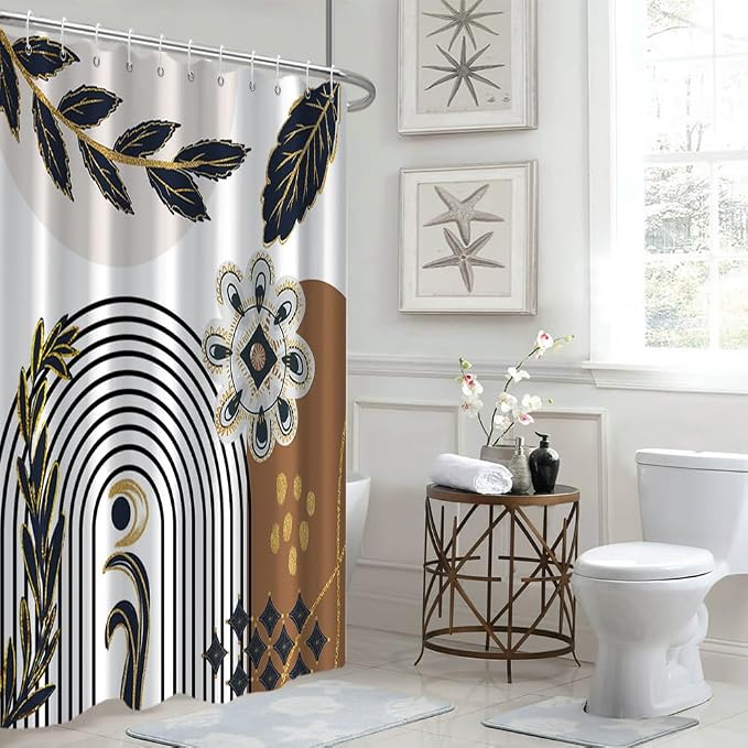 Black and Gold Boho Shower Curtain for Bathroom 72x96 Inch | Waterproof Abstract Black Arch Leaves Shower Curtain Set with Hooks, Mid Century Brown Bathroom Decor