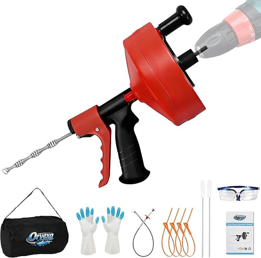 Drain Snake 50 Ft with Drill Attachment, Auto Feed 1/4 Inch Plumbing Snake for Sink, Shower & Tub Clogs, Manual or Drill-Powered Drain Auger, with Gloves, Safety Glasses & Storage Bag