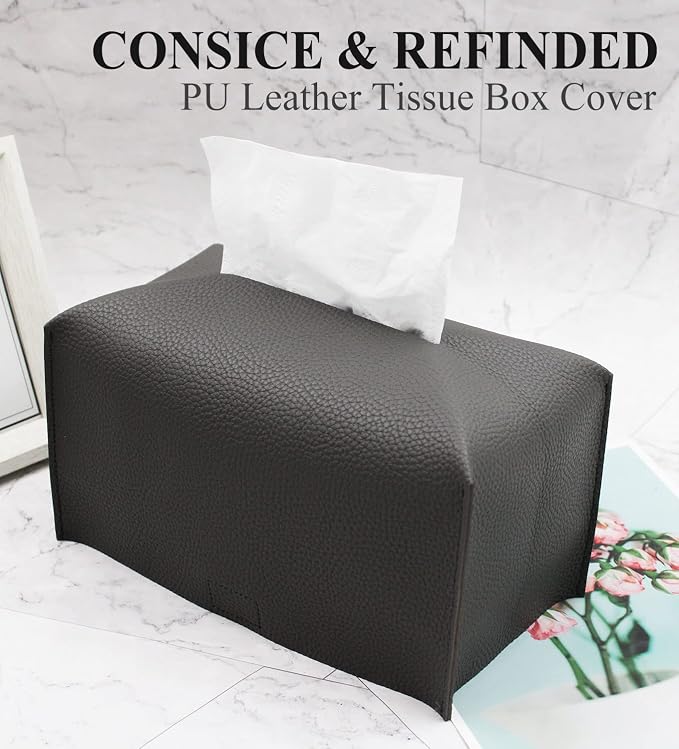 Livelab Tissue Box Cover, Rectangular Modern Decorative PU Leather Tissue Box Case Organizer Holder for Vanity Countertop, Night Stands, Livingroom, Office Desk & Car 9.5X5X5'' | Dark Gray