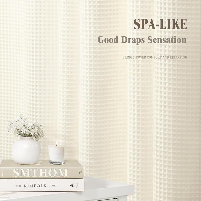 Extra Long Waffle Shower Curtain Heavyweight Cotton Fabric Ivory 72Wx84L | Soft Cotton Cloth,3D Square Truely Waffle,Washable, Hotel Luxury Spa, Shower Curtains for Narrow Bathroom 12 Plastic Hooks