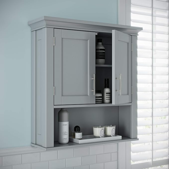 RiverRidge Somerset Two-Door Bathroom Storage, Gray Wall Cabinet, Grey, Set 1 | Open Display Shelf, Adjustable Interior Shelf, Two-Tone Handles, Space-Saving, Laundry Storage