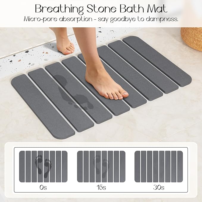 Foldable Stone Bath Mat for Bathroom, Non-Slip Mat, Quick Dry 24" x16" Grey | Large Super Absorbent Diatomaceous Earth Mats, Quick Drying, Eco-Friendly Easy to Clean, Easy Storage, Silicone Non-Slip Base