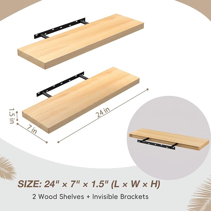 Lufia Floating Wall Shelves, Set of 2, MDF with Invisible Brackets, Modern Storage for Bedroom, Bathroom, Living Room, Kitchen (Natural, 24" W x 7" D x 1.5" H (2 Pieces))