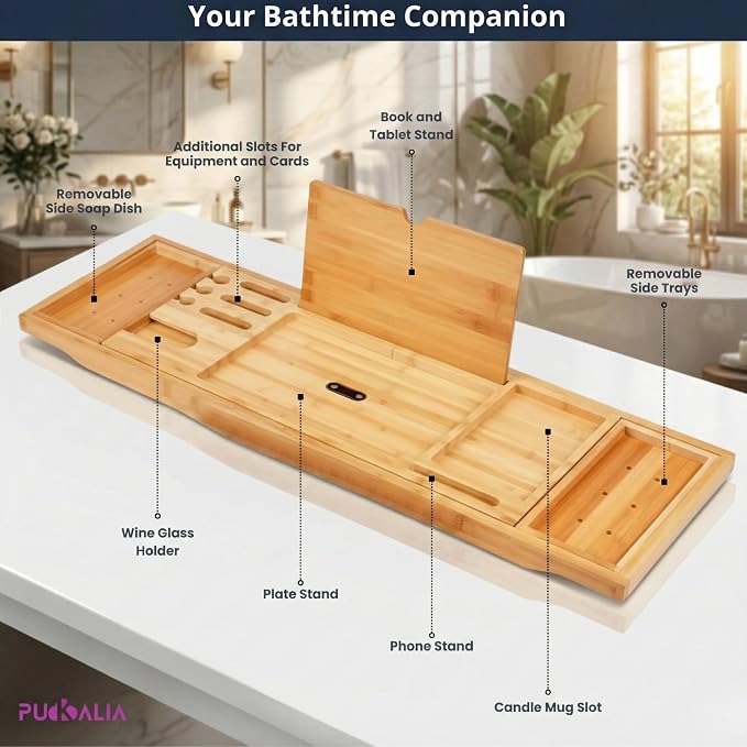 Bath Tray for Tub and Ergonomic Pillow Premium - Caddy Foldable 29 to 43 Inch - Bamboo Wood Tub Organizer - Luxury Bathtub Tray - Bathroom Accessories for Mothers, Birthday Gifts for Mom