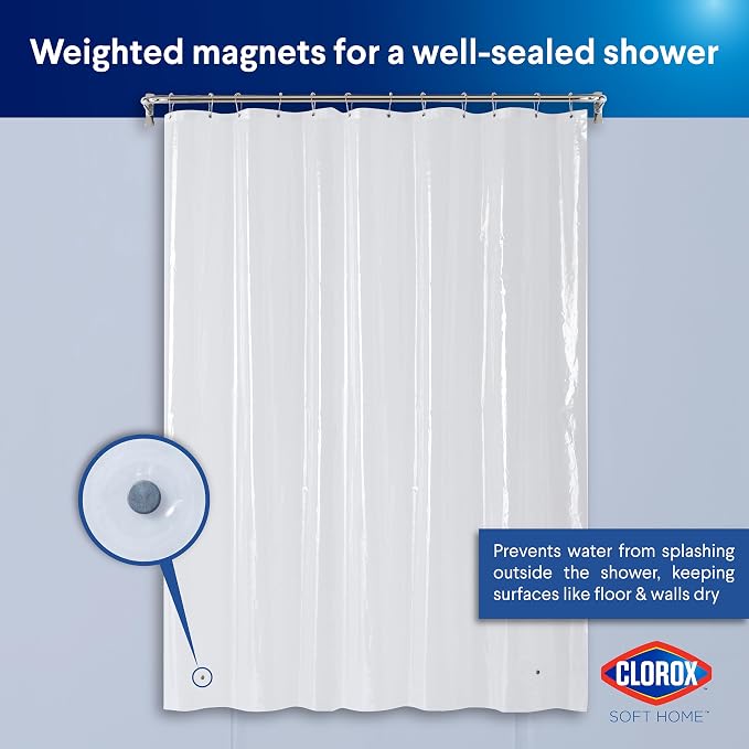 Clorox Shower Curtain Liner, Premium Medium-Weight Durable Waterproof 6g PEVA for Bathroom with Weighted Magnets, Extra Long 72" x 78", Clear 1 Pack