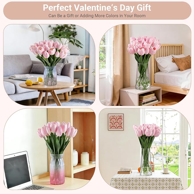 20 Pcs Fake Tulips Flowers 16" Tall, Realistic Touch Leaves, Bottle Tulip Artificial Plants Indoor for Home Decor Small Office Home Living Room-Vase Not Include -Pink