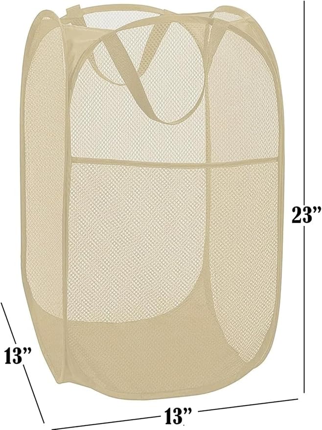 BATTOO Deluxe Strong Mesh Pop up Laundry Hamper Basket with Side Pocket for Laundry Room, Bathroom, Kids Room, College Dorm or Travel Beige