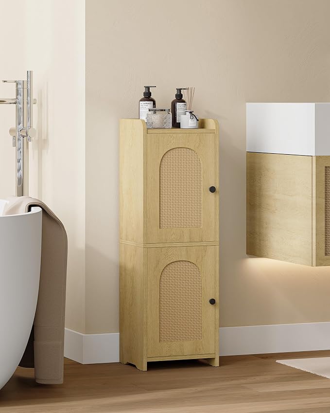 Hzuaneri Bathroom Storage Cabinet, Small Corner Floor Cabinet with 2 Doors | Narrow Toilet Paper Cabinets with Adjustable Shelf, Bathroom Organizer for Small Spaces, 7.9"D x 9.8"W x 29.5"H Rattan Yellow