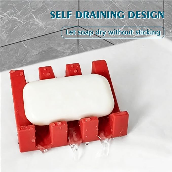Soap Dish Holder for Shower with Suction Cup, Silicone Soap Holder & Saver Self-Draining Bar Soap Dish Keeps Soap Dry for Bathroom, Kitchen, Bathtub (Red,1-Pack)
