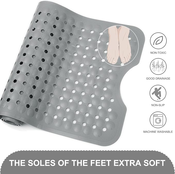 TEESHLY Bath Tub and Shower Mats, Non Slip 40 x 16 Inch Extra Large Bathtub Mat, Machine Washable Bathmat with Drain Holes, Suction Cups for Bathroom Floor, Gray