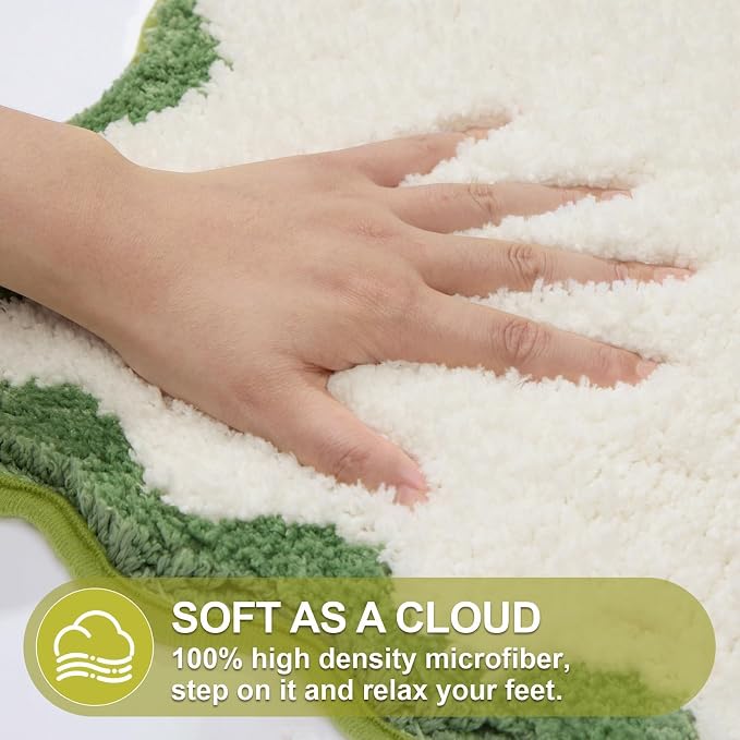 ORTIGIA Small Cute Scalloped Bath Mat, White and Green Plush Microfiber Scallop Bathroom Rugs Non Slip Washable Quick Dry Absorbent, Bathmat for Shower Stall Vanities Kitchen Floor Entrance, 17x24