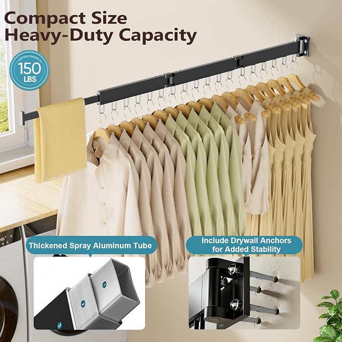 Clothes Drying Rack Wall Mounted, Space-Saving Drying Rack Clothing, Collapsible Foldable Retractable Laundry Rack with 18 Hooks, Indoor/Outdoor, Black