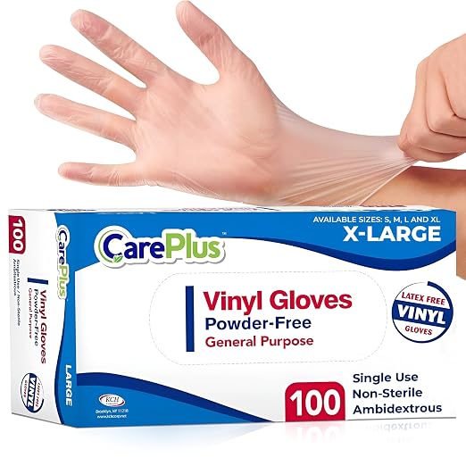 CARE PLUS Vinyl Gloves Clear X-Large, Disposable Latex Free, 100 Count | Powder free exam grade protection for food service, salons & housekeeping; ambidextrous, tear resistant, comfortable fit