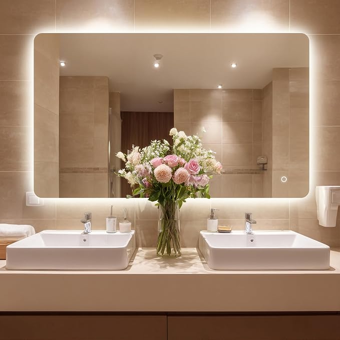 48''X30'' Lighted Mirrors for Bathroom Wall Backlit Rectangular Rounded Corners, LED Bathroom Mirror Frameless with Lights, Dimmable, 3 Colors,Tempered Glass, Shatter-Proof