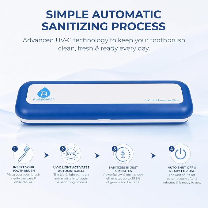 Pursonic Portable UV Toothbrush Sanitizer Case - Travel Toothbrush Sanitizer and Holder - For Electric and Manual Brush Heads with UV Light & Auto Shut Off Timer