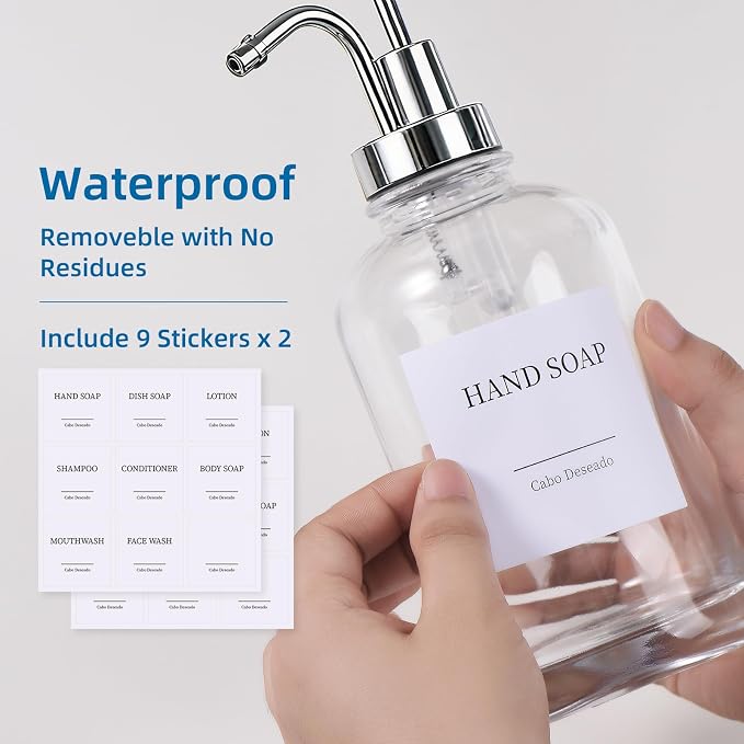 Glass Soap Dispenser with Pump, Dish and Hand Soap Dispenser for Kitchen Bathroom Set, Clear Glass Dispenser Set of 2 Pack with 18 Stickers Funnel Bamboo Tray 500ml 18oz / Each Bottle Sliver Pump
