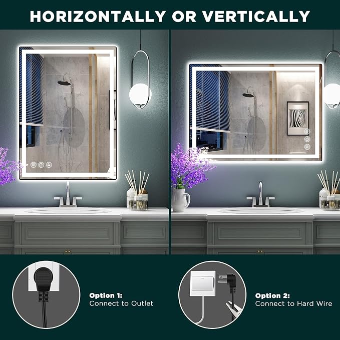 32" x 24" LED Bathroom Mirror with Lights, Memory Vanity Mirror | Anti-Fog, 3 Color Modes, Dimmable, Front Lit, Memory Function, Tempered Glass, Lighted Bathroom Mirror for Wall