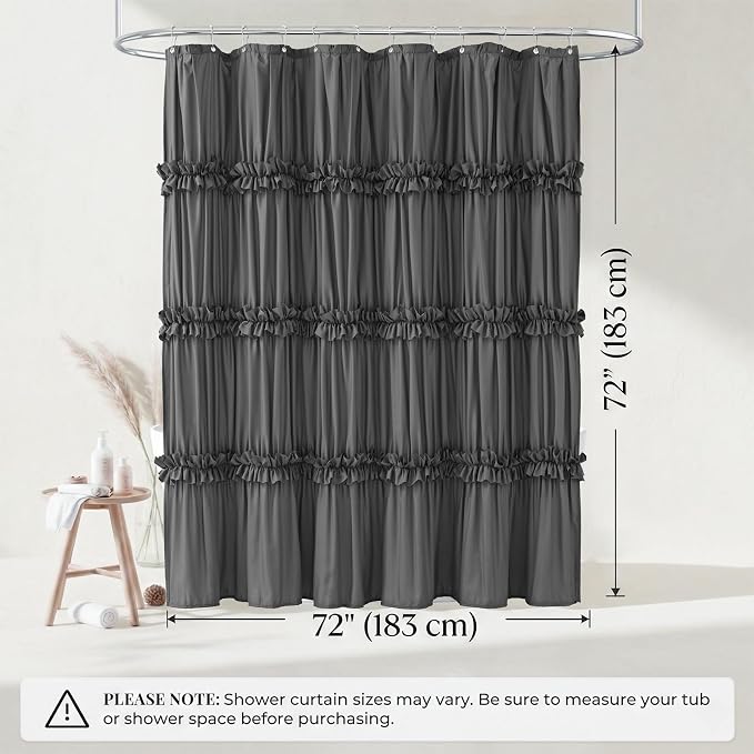 LIPA Boho Shower Curtain Rustic Ruffle Shower Curtain with Ruched & Bow Vintage Farmhouse Shower Curtains for Bathroom Bohemian Bathroom Decor(Grey,72x72 Inches)