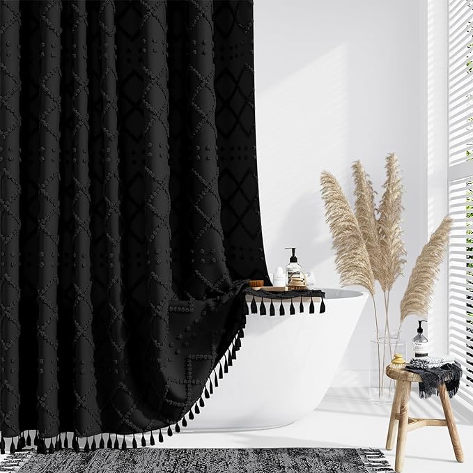 Stall Boho Farmhouse Shower Curtain Tufted Geometric 60"x84" Black | 60 x 84 inch Long, Elegant Tassel, Lightweight Textured Fabric, Water Repellent, Washable, for Narrow Bathroom/Dorm 10 Hooks
