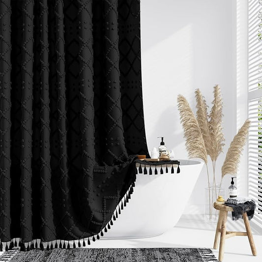 Extra Long Boho Shower Curtain Tufted Geometric 72"x96" Black | 96 Inch Tall, Elegant Tassel, Lightweight Textured Fabric, Water Repellent, Washable, Hotel Spa, for Bathroom/Dorm 12 Hooks