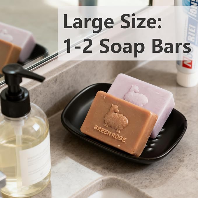 Miamolo Soap Dish for Bathroom, Bar Soap Holder for Shampoo Bars, Sponges | Raised Ridges Drain, Soap-Saving | Ceramic Soap Sver Dishwasher Safe, Fit 1-2 Large Bars | Bath Counter & Kitchen Sink, Black