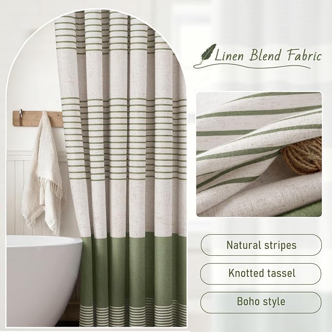 Sage Green Boho Linen Striped Shower Curtain with Tassel 72"W X 72"L | Boho Farmhouse Shower Curtains with Linen Texture for Bathroom Decor