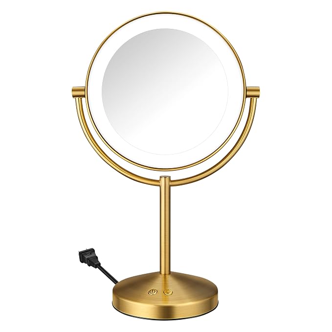 Conair LED Vanity Mirror, Double-Sided, 10x Maginification, Brushed Brass | Lighted makeup mirror with 3 color modes, 360° rotation, a satin nickel finish, a 5-foot power cord, and an 8.5" mirror