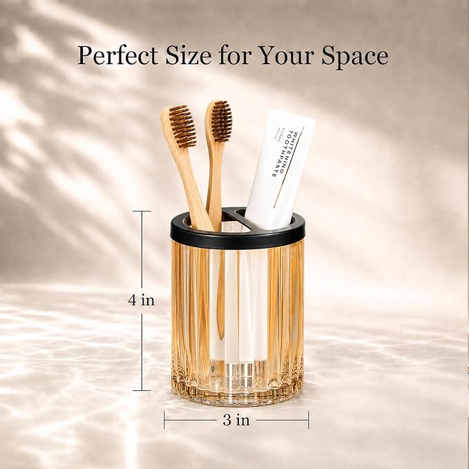 Amolliar Glass Toothbrush Holder Bathroom Tumbler Toothpaste Storage(Amber) | Bathroom Tumbler and Mouthwash Cup with 2 Compartment Organizer Divider, Toothbrush and Toothpaste Organizer for Countertop