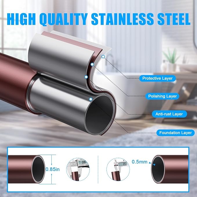 TEECK Shower Curtain Rod, 32-80 inch Adjustable Spring Tension Curtain Rod, Never Rust Anti-Slip Shower Curtain Rod for Bathroom, No Drilling, Never Collapse, Easy to Use, Brown